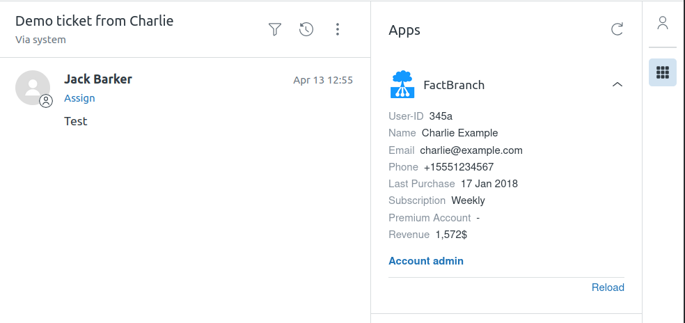 FactBranch app in Zendesk displaying data from the spreadsheet