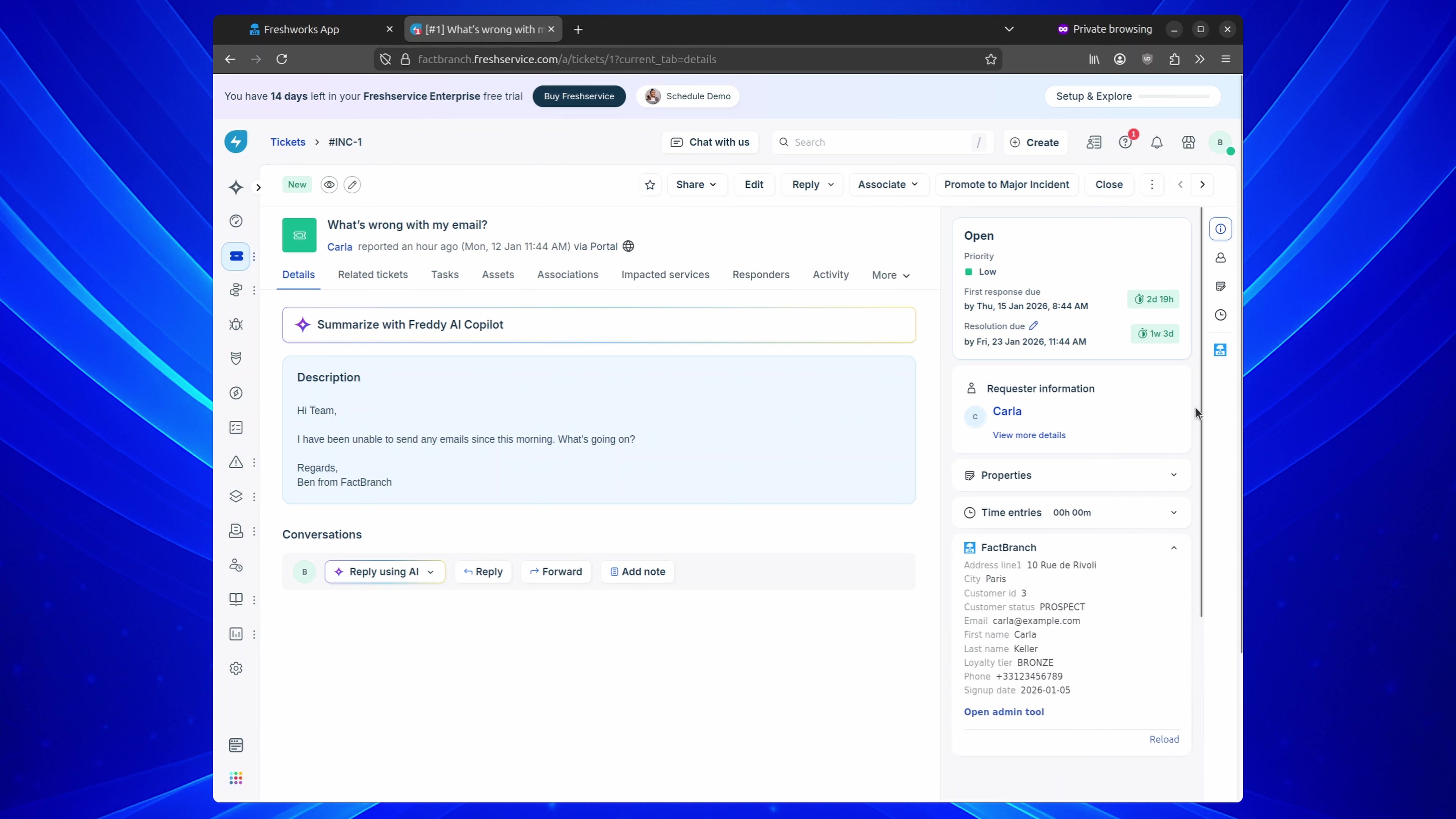 FreshService ticket shows Snowflake customer data in sidebar