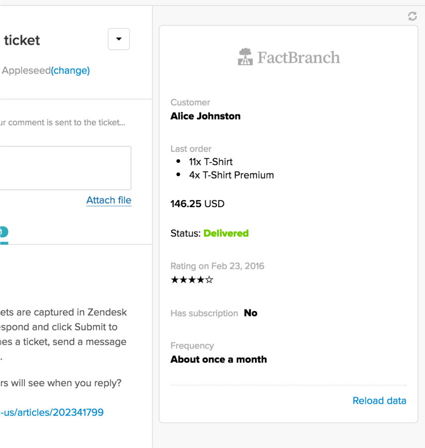 A screenshot of FactBranch inside Zendesk