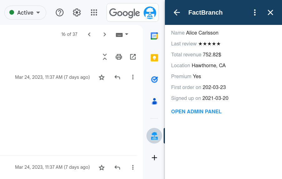 FactBranch in Gmail displaying data