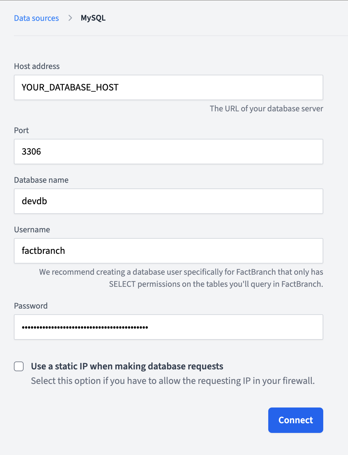 MySQL authentication form with connection details