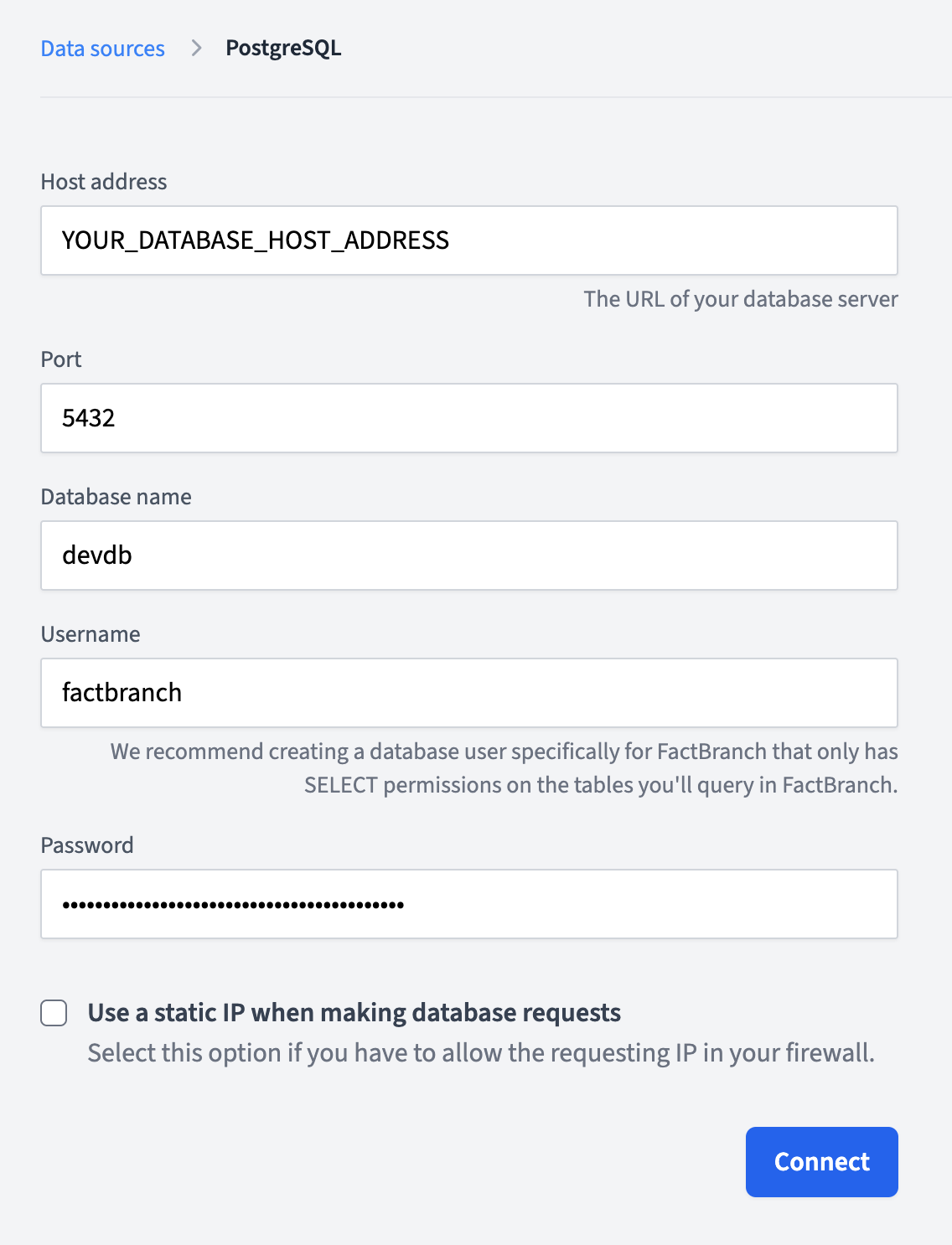 PostgreSQL authentication form showing database connection settings