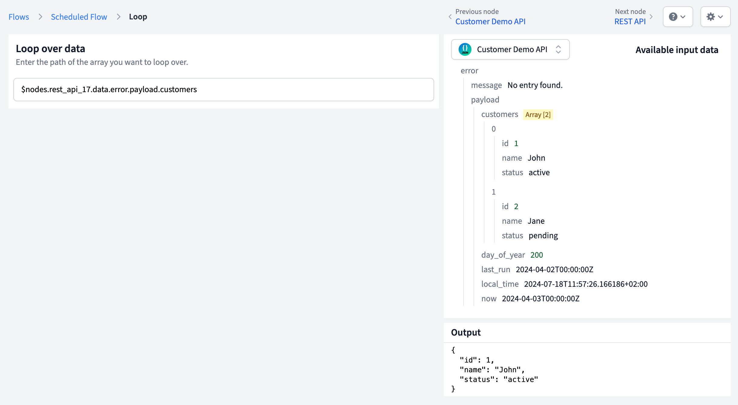 Loop node configuration showing array path input and preview