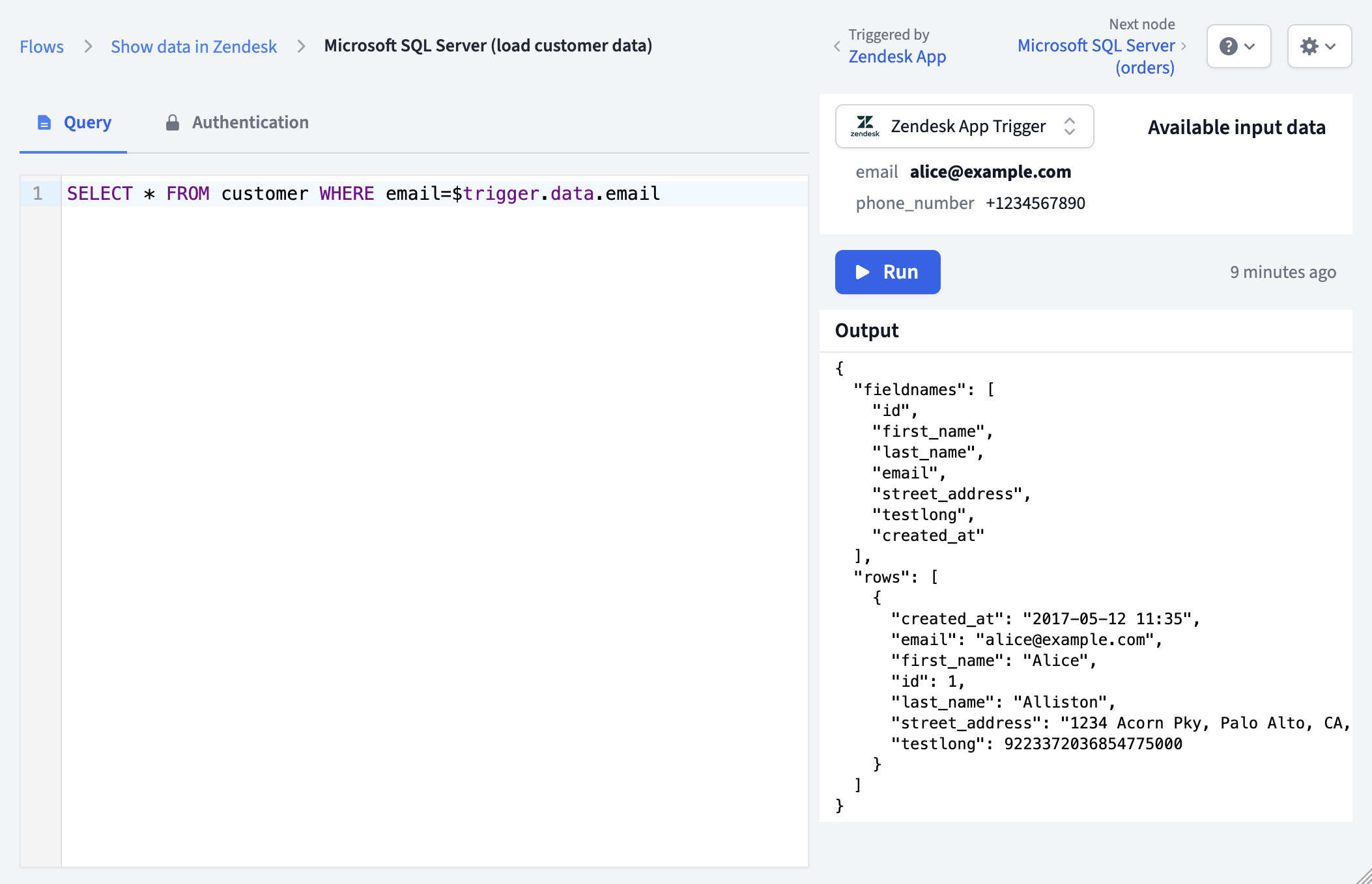 Microsoft SQL Server node interface with query editor and preview panel