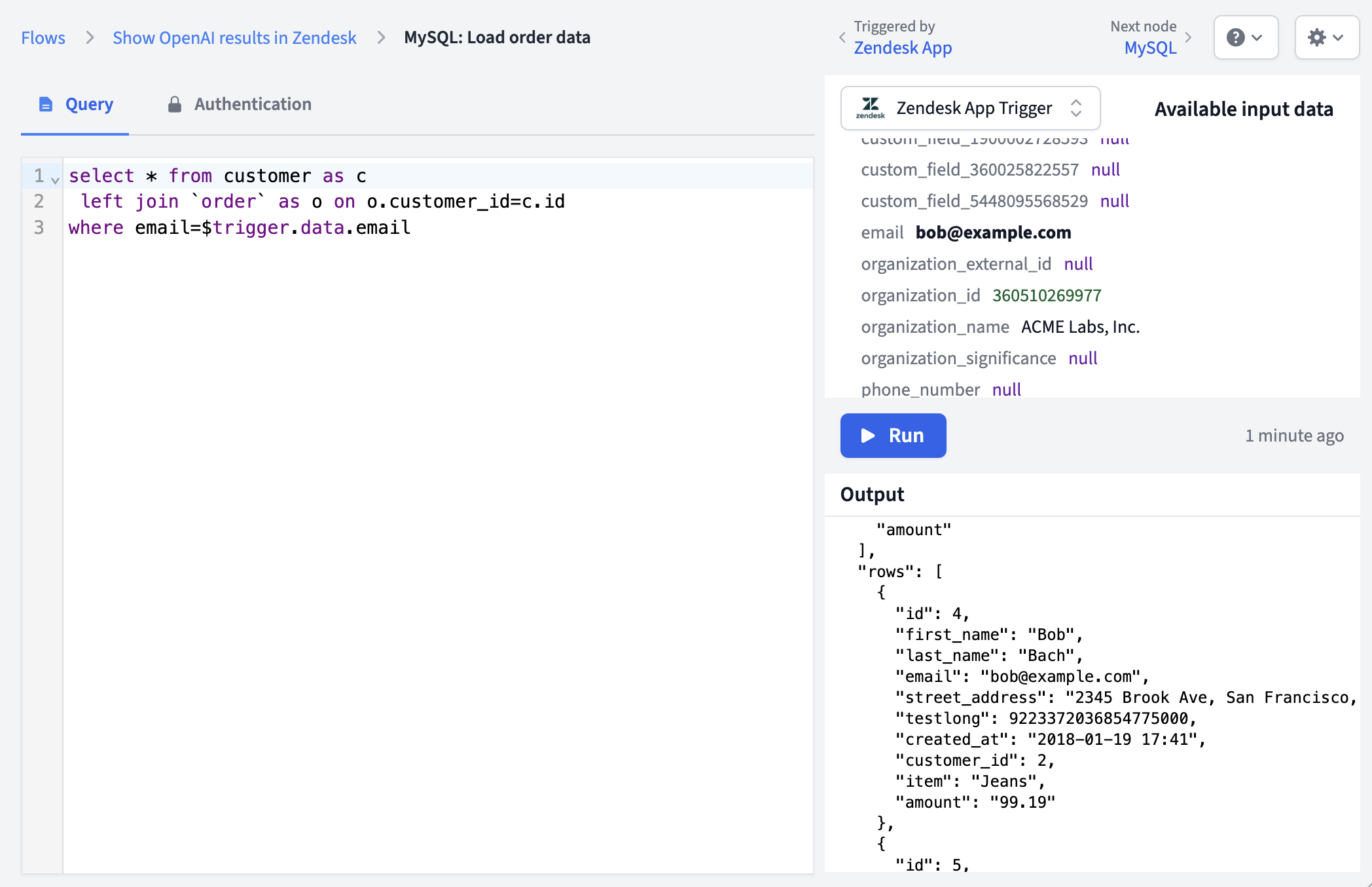 MySQL node interface showing SQL query editor and data preview
