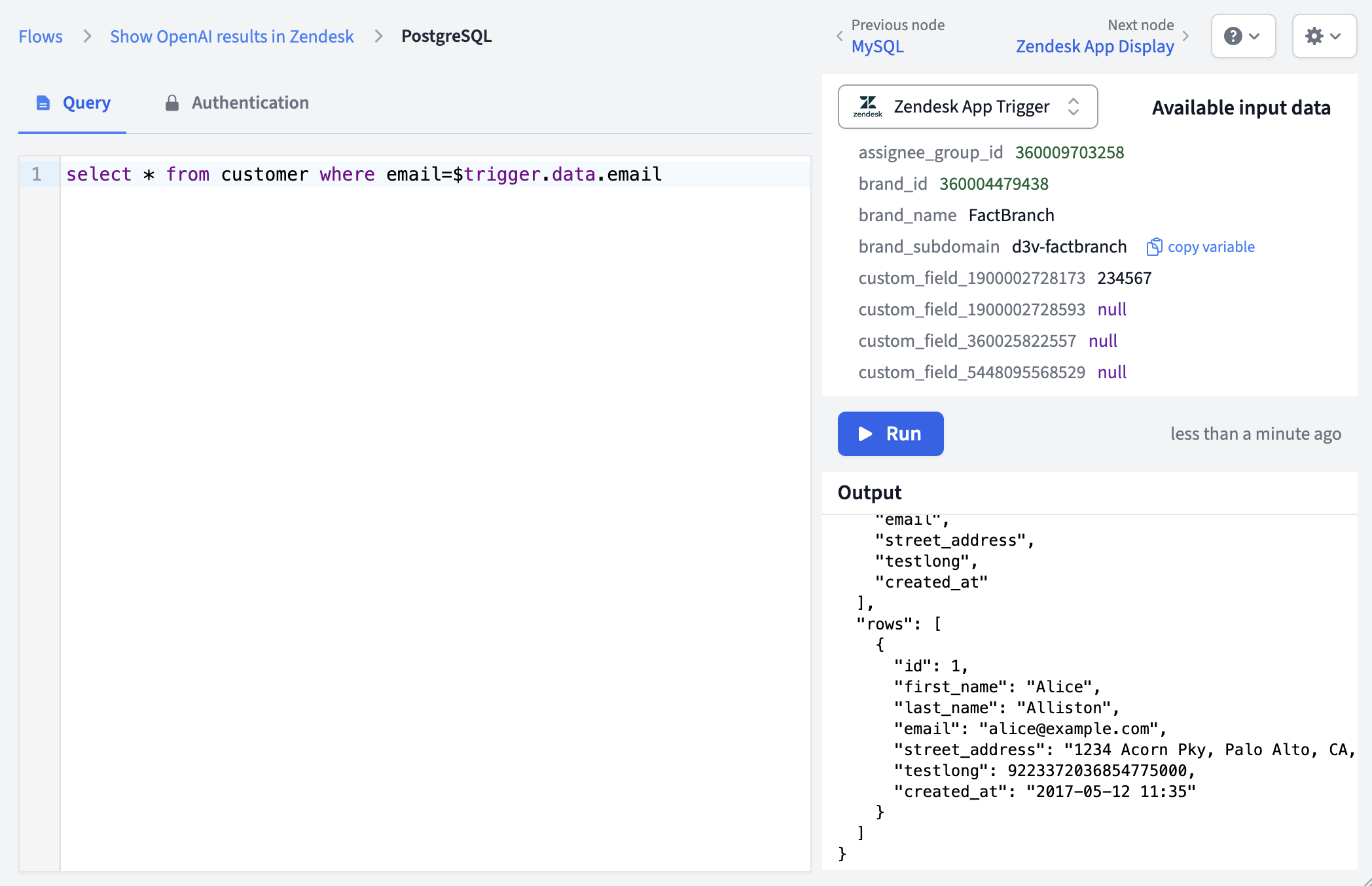PostgreSQL node interface with SQL query area and output preview