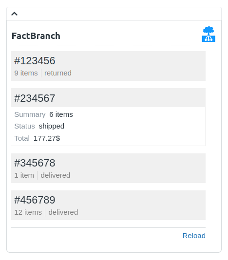 The resulting collapsibles in the FactBranch Zendesk app