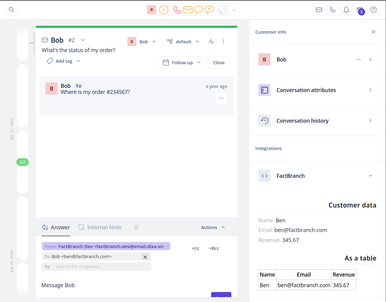 Dixa conversation showing a Custom Card with data queried live from Google BigQuery