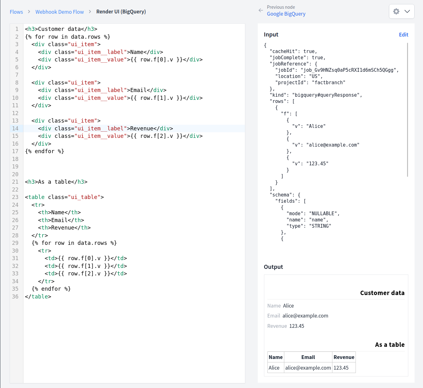 The FactBranch display node: generating a Dixa Custom Card from BigQuery results