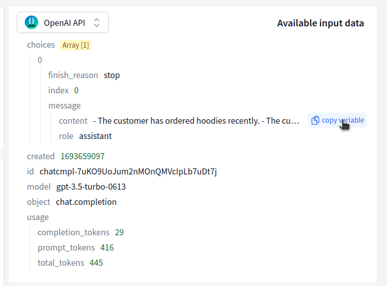 Ticket context and customer data flowing into the ChatGPT prompt as variables