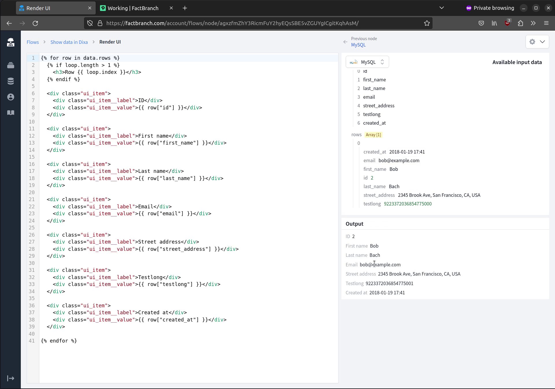 The FactBranch display node: generating a Dixa Custom Card from MySQL query results