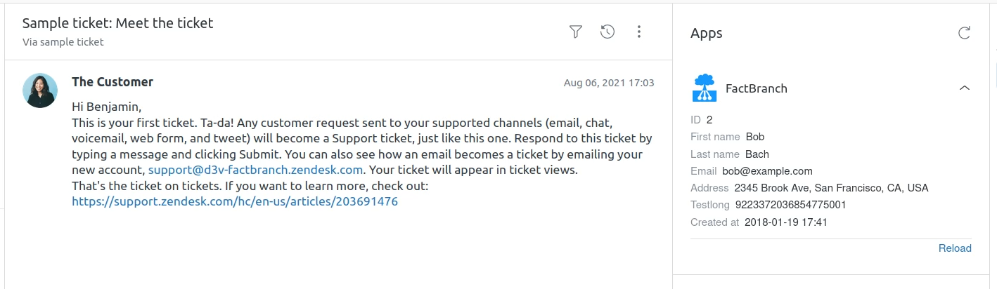 Zendesk ticket sidebar showing customer data queried live from a MySQL database
