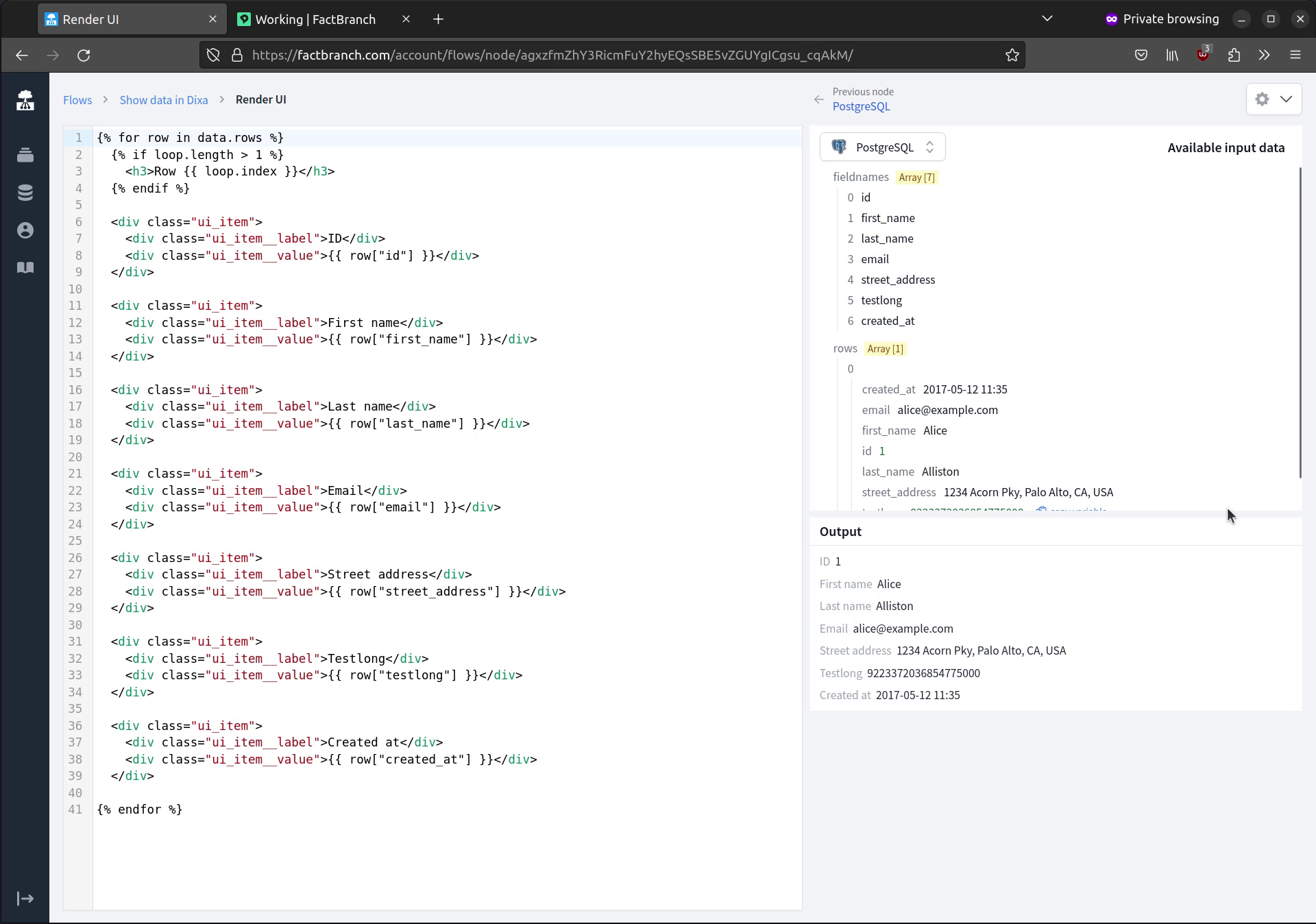 The FactBranch display node: generating a Dixa Custom Card from PostgreSQL query results