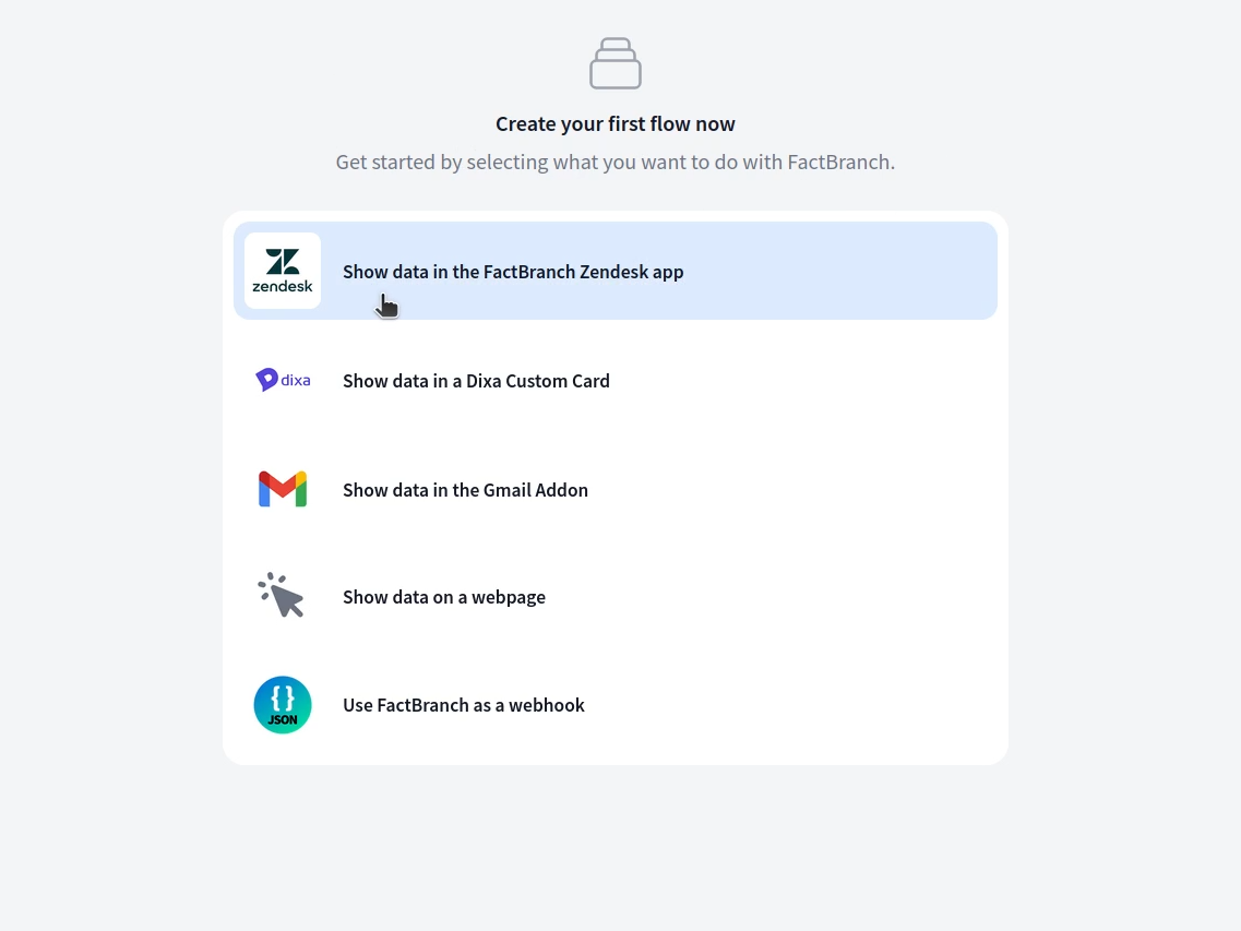 The FactBranch pipeline: Zendesk trigger → PostgreSQL query → Display node