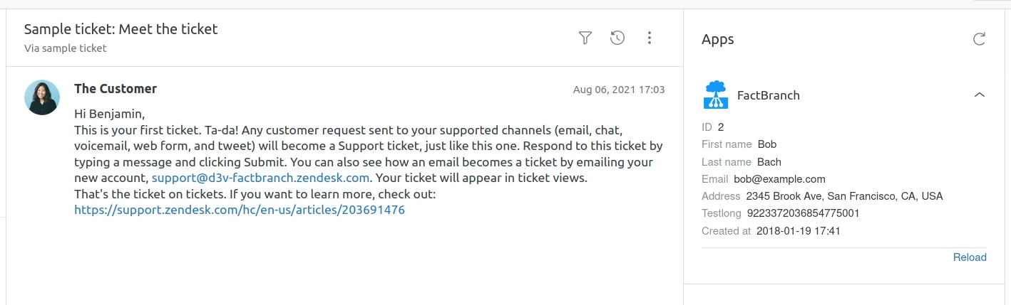 Zendesk ticket sidebar showing customer data queried live from a PostgreSQL database