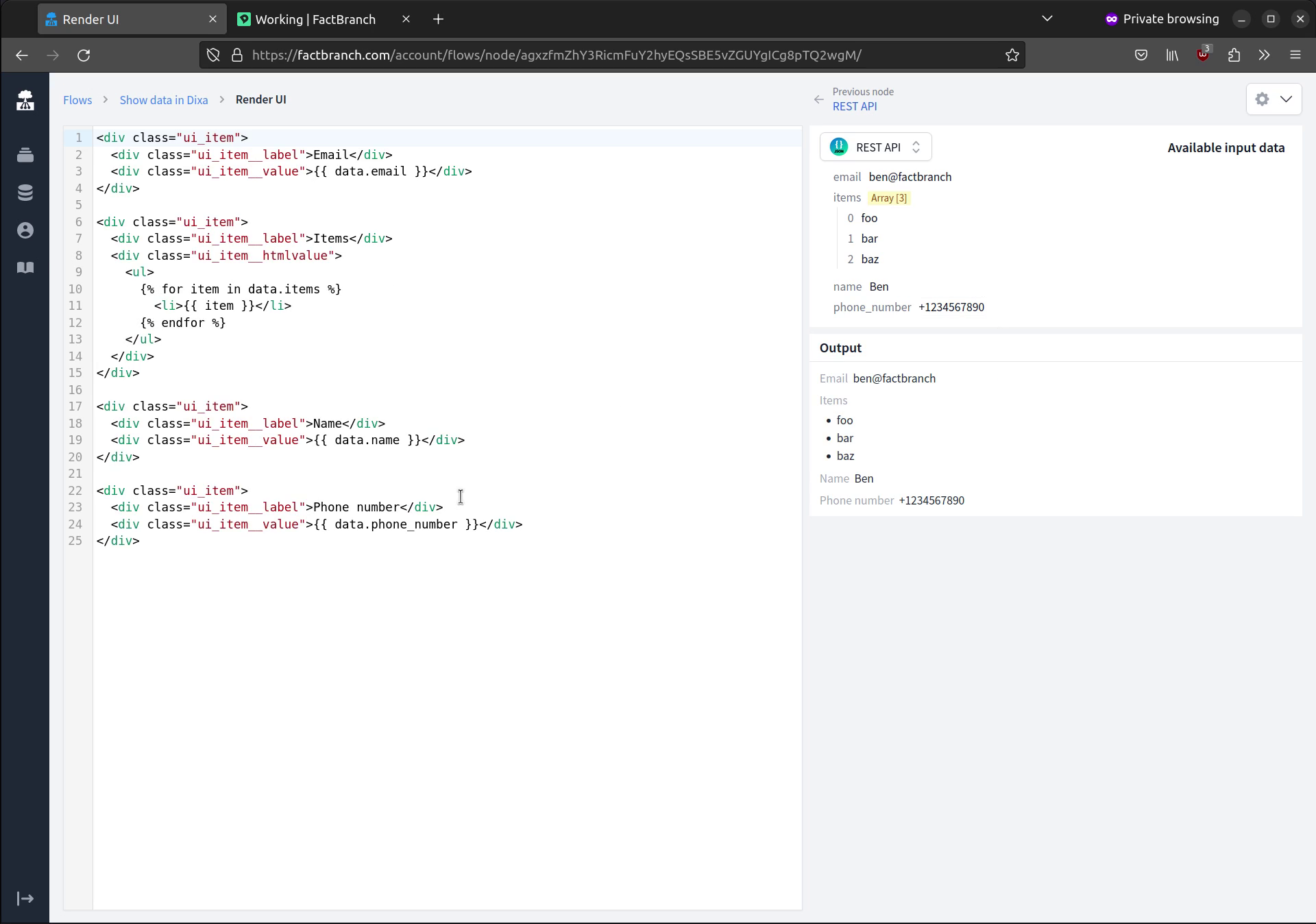 The FactBranch display node: rendering a Dixa Custom Card from a JSON API response