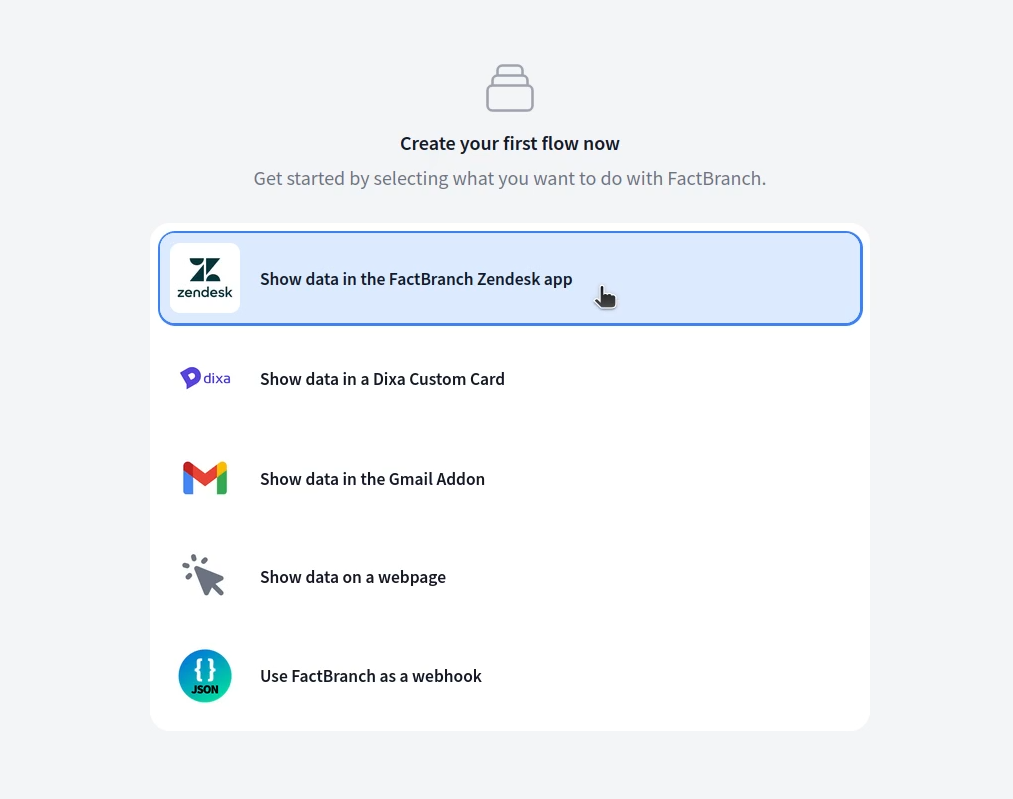 The FactBranch pipeline: Zendesk trigger → REST API request → Display node
