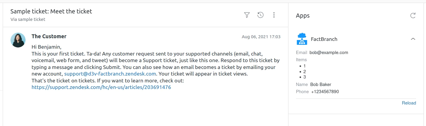 Zendesk ticket sidebar showing data fetched live from a REST API