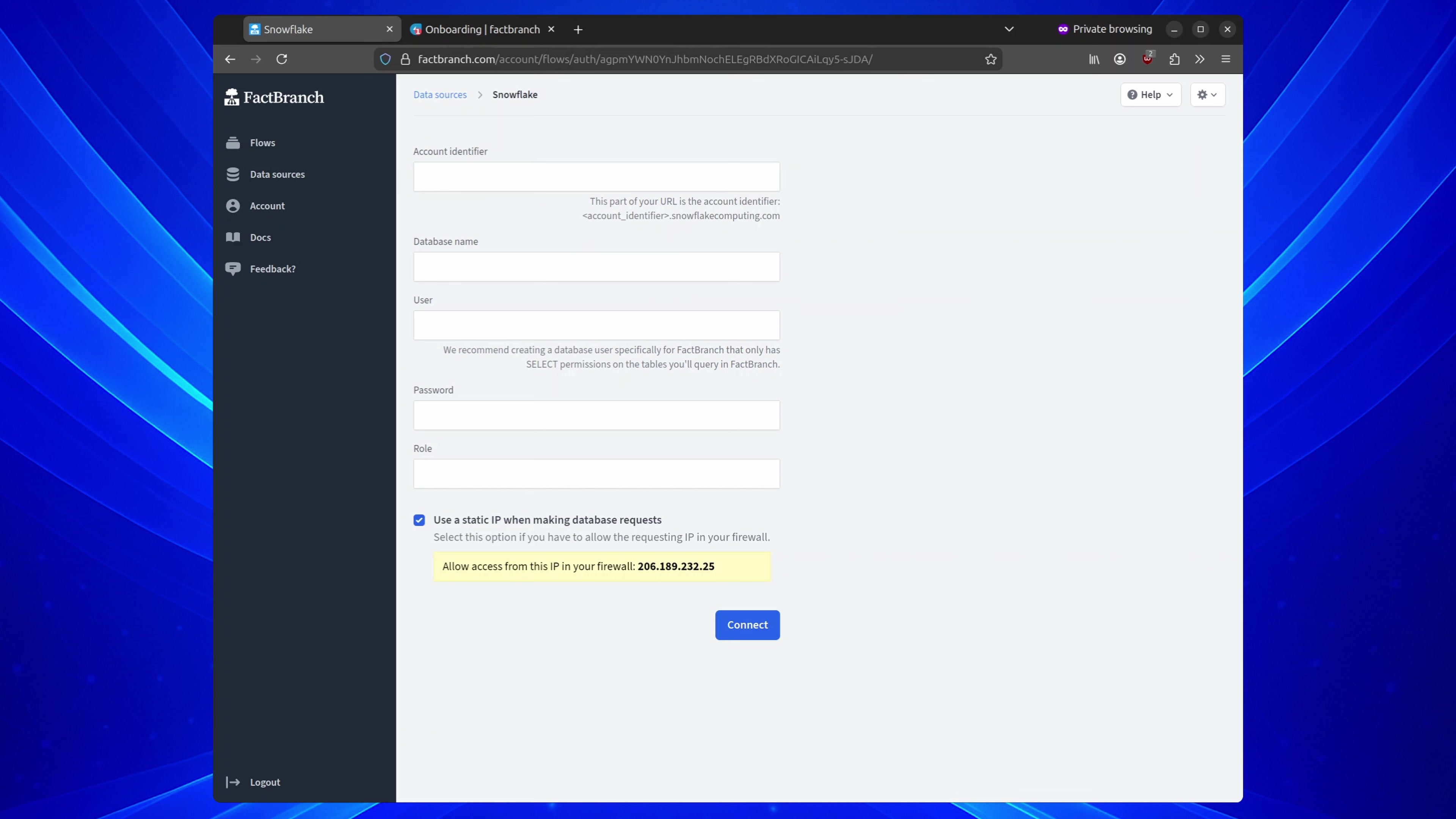 Entering the Snowflake account identifier in FactBranch
