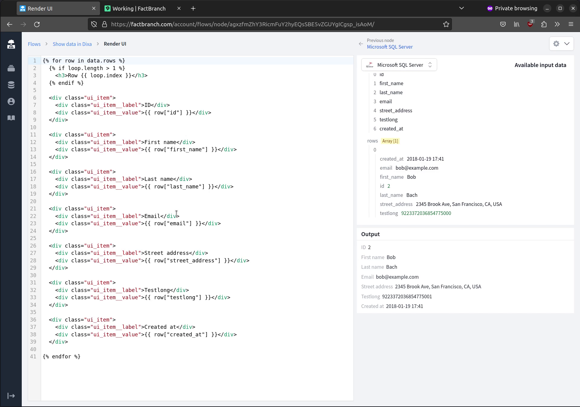 The FactBranch display node: generating a Dixa Custom Card from SQL Server results