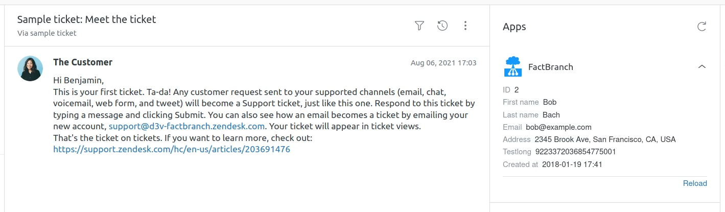 Zendesk ticket sidebar showing customer data queried live from a Microsoft SQL Server database