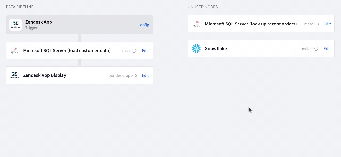 FactBranch's data pipelines let you query one or multiple different data sources and combine the results into a single UI